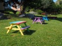 Colorful picnic tables